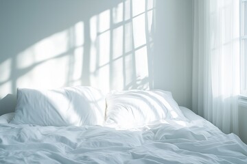 A serene Minimalist interior design style bedroom scene featuring a neatly made bed with white linens and pillows. Soft sunlight filters through sheer curtains, casting gentle shadows on the wall.