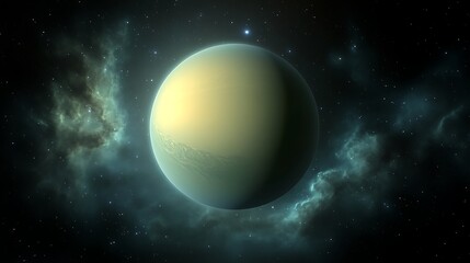 A distant planet in space with a light green