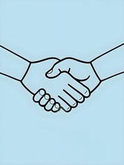 Black line drawing of handshake on sky blue background, agreement, partnership, deal, business, collaboration, success, teamwork, connection, greeting, contract, unity
