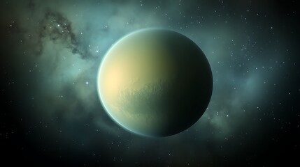 A distant planet in space with a light green