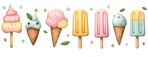 A pastel watercolor composition of sweet and whimsical ice cream cones and popsicles