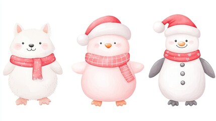 Whimsical Winter Creatures, charming polar bear, playful fox, friendly penguin, cheerful snowman, jolly Santa Claus, vibrant watercolor style, perfect for festive designs and crafts