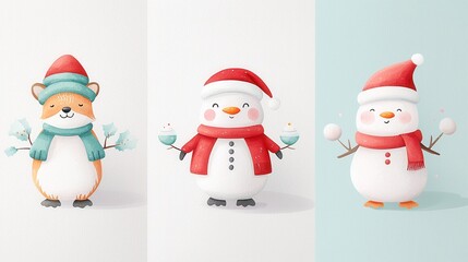 Charming Winter Creatures Watercolor Collection, a delightful ensemble of a polar bear, fox, penguin, snowman, and Santa Claus, perfect for festive designs and illustrations.