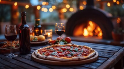 Friends enjoying pizza night in cozy backyard with wood burning oven ambiance