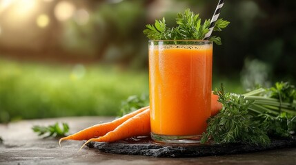 Fresh carrot juice close up with vibrant vegetables and natural greenery