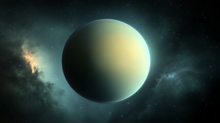A distant planet in space with a light green