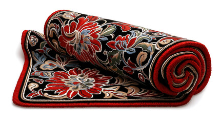 A partially rolled-up rug with a black background and a vibrant floral pattern on white background. The rug has a distinct red border