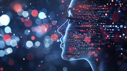 Futuristic abstract representation of woman profile with digital elements and vibrant colors