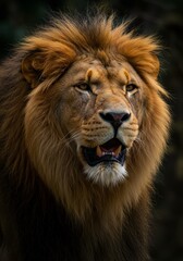 Fototapeta premium A lion standing in the forest with a blurred dark background, wild life