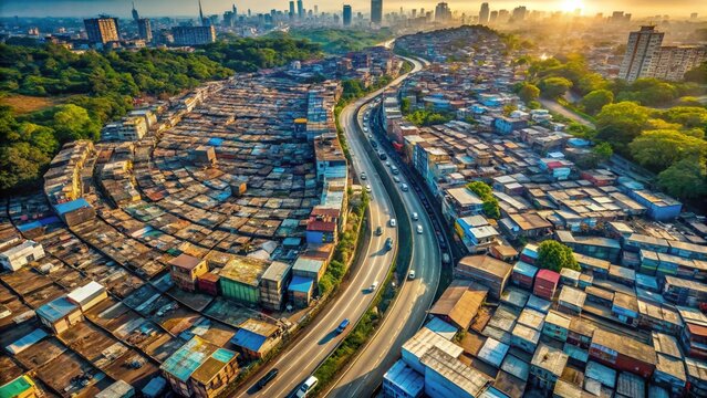 Aerial Panoramic View of Dharavi Slum, Mumbai, India - Dense Urban Poverty