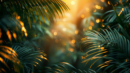 Tropical gold and green palm leaves on dark background. Minimal summer exotic abstract pattern. Gold and green tropical palm leaves. Jungle. Palm trees. Monstera. Texture. Green background. Ecology