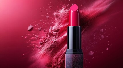 Vibrant lipstick and powder burst makeup concept for glamorous beauty advertisement