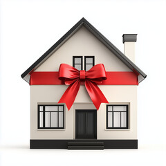 new modern house, red bow, white background