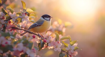 Obraz premium titmouse perched on blooming branch during golden hour. Generative AI