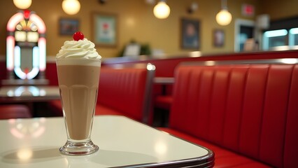 A retro diner table with a jukebox in the background