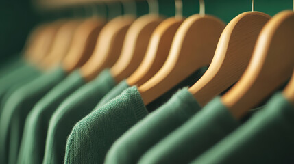 Obraz premium Cozy green sweaters neatly arranged on wooden hangers in a stylish wardrobe