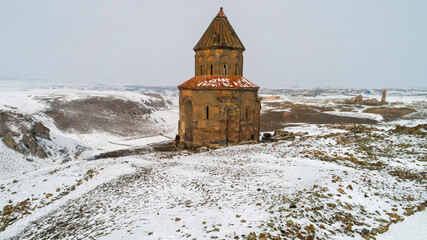 Ani Ruins covered in snow. Close-up of the ruins in snowy weather. Kars, Turkey.