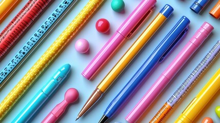 Obraz premium Colorful Pens and Small Spheres Arranged in Pattern