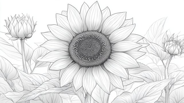 Stylized line drawing of a sunflower for botanical art and design