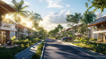 Obraz premium An eco-conscious neighborhood where each house is equipped with solar panels to help reduce energy consumption and promote a greener lifestyle.