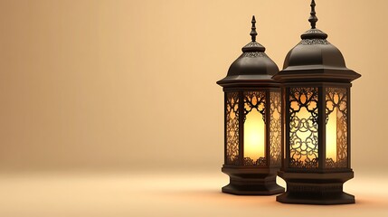 Two Ornate Illuminated Lanterns Stand on Beige Background