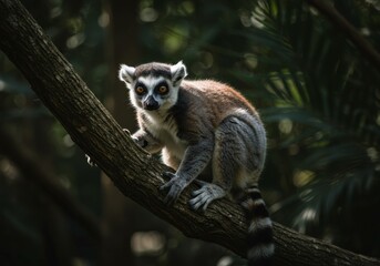 Obraz premium A lemur in a dark forest with a blurred background