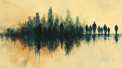 Fototapeta premium A Silhouetted Cityscape of Anonymous Figures Walking Towards a Distant Metropolis with a Painterly Texture and Neutral Tone
