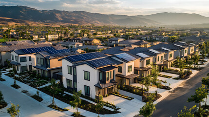 Fototapeta premium An eco-conscious residential community with homes powered by solar panels, designed for an energy-efficient and sustainable lifestyle.
