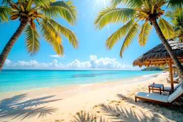 Tropical resort scene: Sandy beaches, turquoise sea, clear blue skies, loungers and tropical drinks, a perfect blend of relaxation and luxury in an idyllic paradise.
