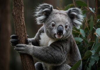 Fototapeta premium A koala in a dark forest with a blurred background