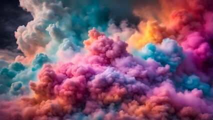 Abstract vibrant multicolored smoke clouds create a dreamy, surreal atmosphere.