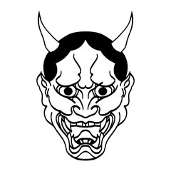 Oni Mask Tattoo Design, Japanese Demon Mask Illustration