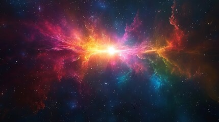 A colorful nebula with bright stars and galaxies