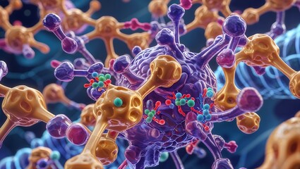 Obraz premium Microscopic World: A mesmerizing and intricate depiction of a virus particle, revealing the microscopic complexity of life and the beauty within the invisible.