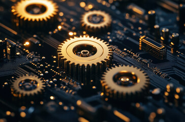Intricate network of gears and circuits illuminated in dark environment showcasing technological craftsmanship