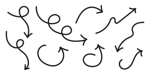 Hand drawn arrows collection Set simple flat arrows isolated on white background. Arrow mark icons and arrow paint. Stock vector. EPS10.