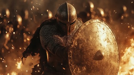 Soldier in armor with a helmet, holding his shield and ready to fight the army of soldiers behind him. The epic battle background features fire particles flying around
