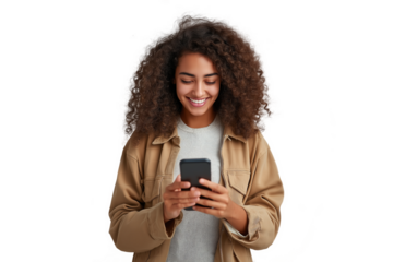 Happy Hispanic Woman Using Cell Phone Isolated on Transparent Background for Modern Lifestyle and Communication Concepts Generative AI
