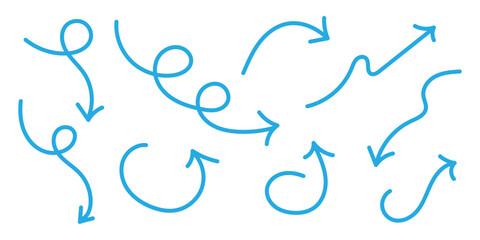 Set of black hand drawn arrow element vector. Collection of doodle arrows, lines, symbol, pointing mark, shapes on white background. Simple icon illustration for education, decoration, map.