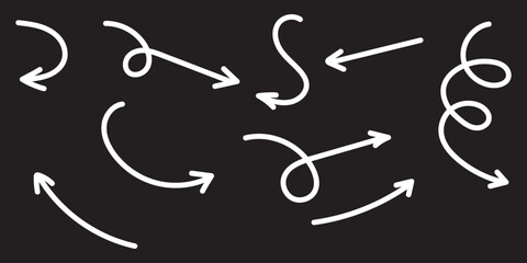 Set of black hand drawn arrow element vector. Collection of doodle arrows, lines, symbol, pointing mark, shapes on white background. Simple icon illustration for education, decoration, map.