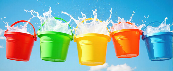 Row of colorful buckets splashing water against blue sky