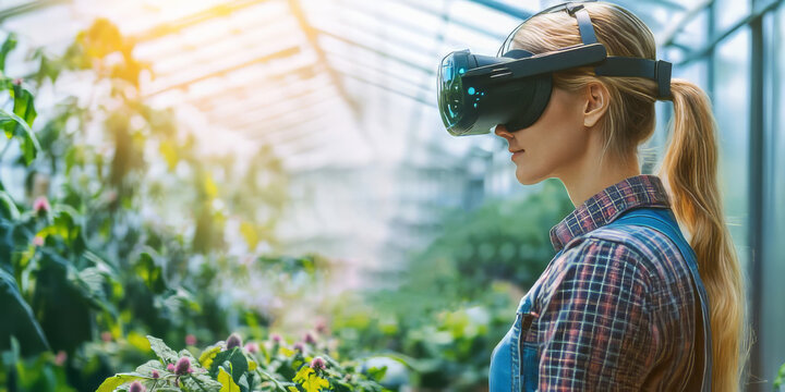 farmer greenhouse VR headset monitors condition controlling immersive virtual interface.digital panel integration artificial intelligence,advanced technologies agriculture.Sustainable farming