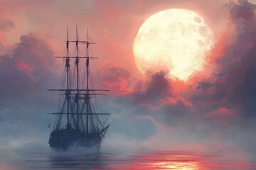 A tall ship's masts rise above the horizon in front of an oversized, full moon. The sky is a blend of red and pink hues, with misty clouds creating a fantasy art style. 