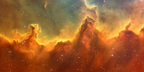 Obraz premium The background depicts the universe, with nebulae and stars in an orange-red-blue gradient, and small white dots of light scattered throughout.