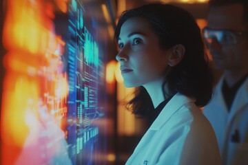 A female scientist in a lab coat interacts with a futuristic, vibrant digital interface.
