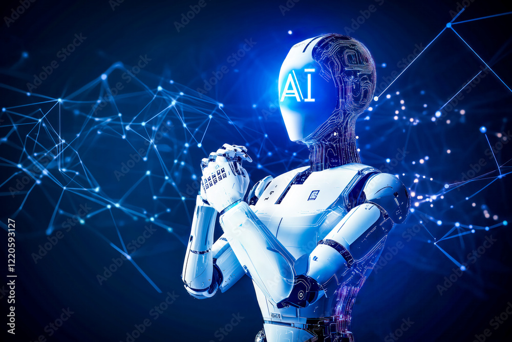 Poster a futuristic humanoid robot with a digital head that lights up ‘ai’ surrounded by glowing data strea