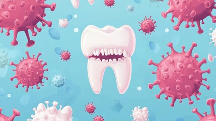 A decaying tooth surrounded by viruses on a blue background.