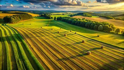 Fototapeta premium Aerial View of Freshly Cut Hay Field in Summer Sunlight