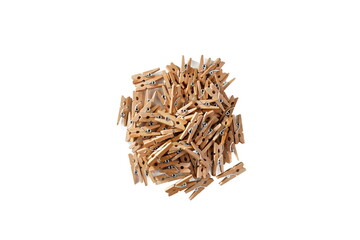 A close-up against a white background of a group of old-fashioned, unsorted wooden clips.