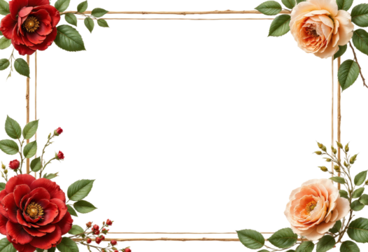 Floral frame with red and peach roses transparent background